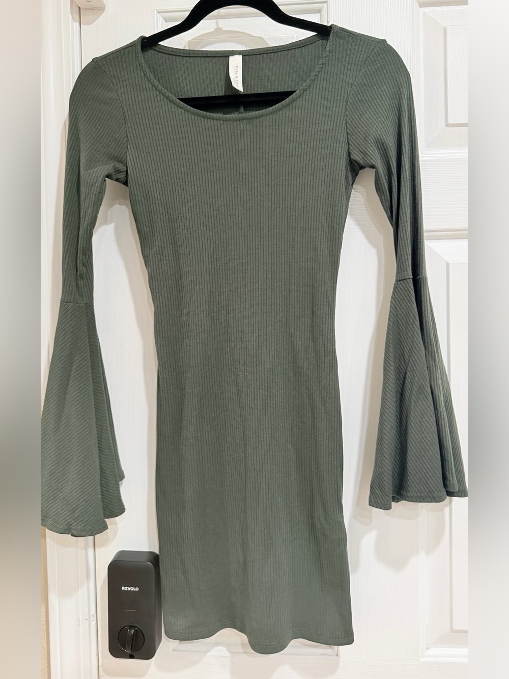 Ribbed Long-Sleeve Bell Cuff Bodycon Dress — Olive